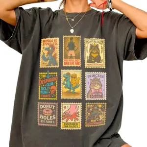 Stamp Graphic Shirt, Retro Funny Cat & Dino Vintage Tee, Princess Donut Cartoon Stamps T-Shirt, Cute Retro Comic Shirt, Gift for Men & Women