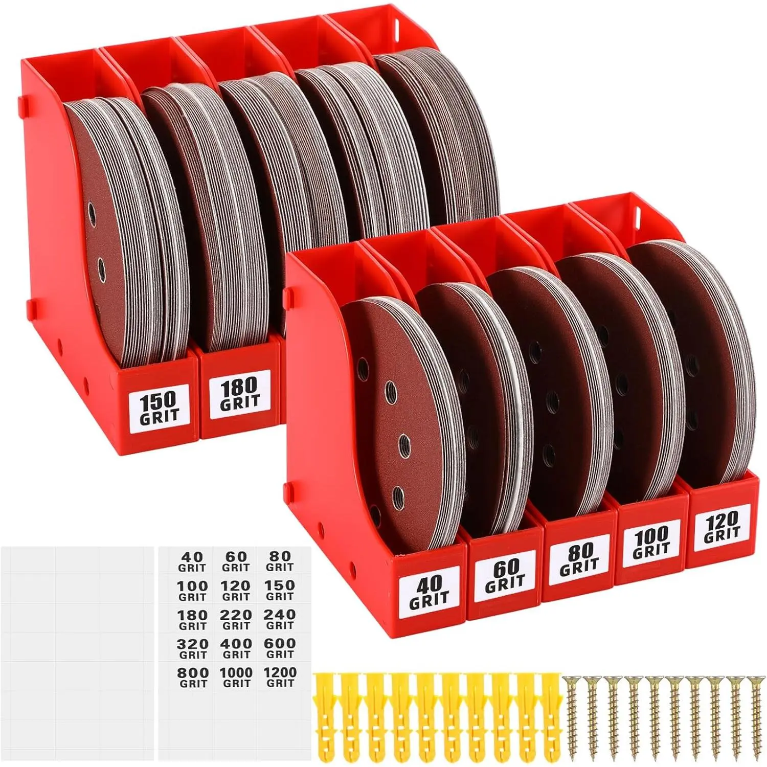 10-Pack Plastic 5-Inch Sandpaper Storage Organizer Boxes (Holds 30 Discs) - Connectable Tool Sets with Grit Labels, Expansion Screws, Ideal for Craftsmen Users, Christmas Gifts (Red)