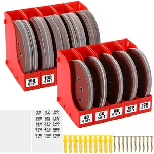 10 Pack Sandpaper Storage Organizer Boxes 5 Inch Sanding Discs Tool Storage Set with Grit Labels and Expansion Screws Individual Connectable Sanding Discs Organizer Rack for Gift (Red)