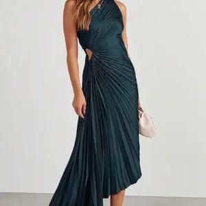Solid Color Pleated Flared Asymmetric Shoulder Elegant Dress, Party Dress, Wedding Guest Dress Fabric Fit Polyester Formal Womenswear Anniversary Birthday Green Sleeve Workwear Basic Chic Minimalist