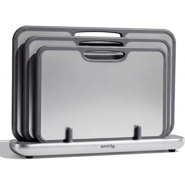SMIRLY Titanium Cutting Board for Kitchen, with Holder, 3 Pack, Silver | Food-grade Titanium Surface with a Non-porous, Double-sided Design for Easy Cleaning and Hygienic Food Prep