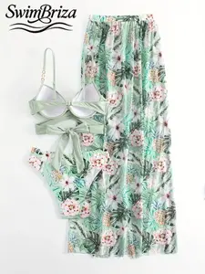 Briza｜Underwire Push Up Bikini In Mint Tropical Floral Print Creates High Waisted Bikini Sets As A Two-Piece Swimsuit With Swimsuit Cover Up For Women, Swim Sets For Women And Bathing Suit Women Set For Vacation Swimwear For Women