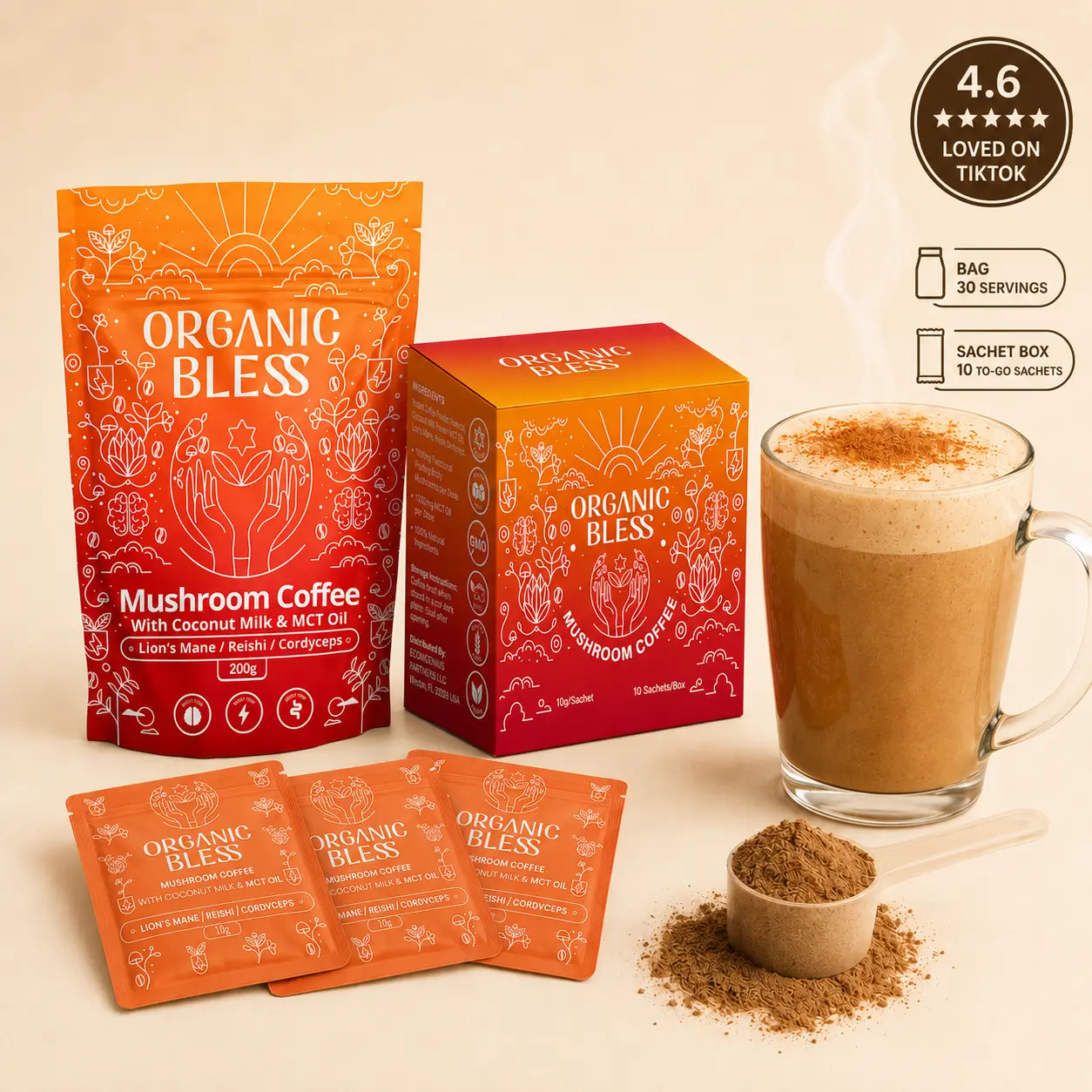 Organic Bless Mushroom Coffee Starter Kit - 30-Serving Bag + 10 To-Go Sachets - Coconut Milk & MCT, Lion's Mane, Reishi & Cordyceps - Creamy Instant Latte, No Sugar, Keto