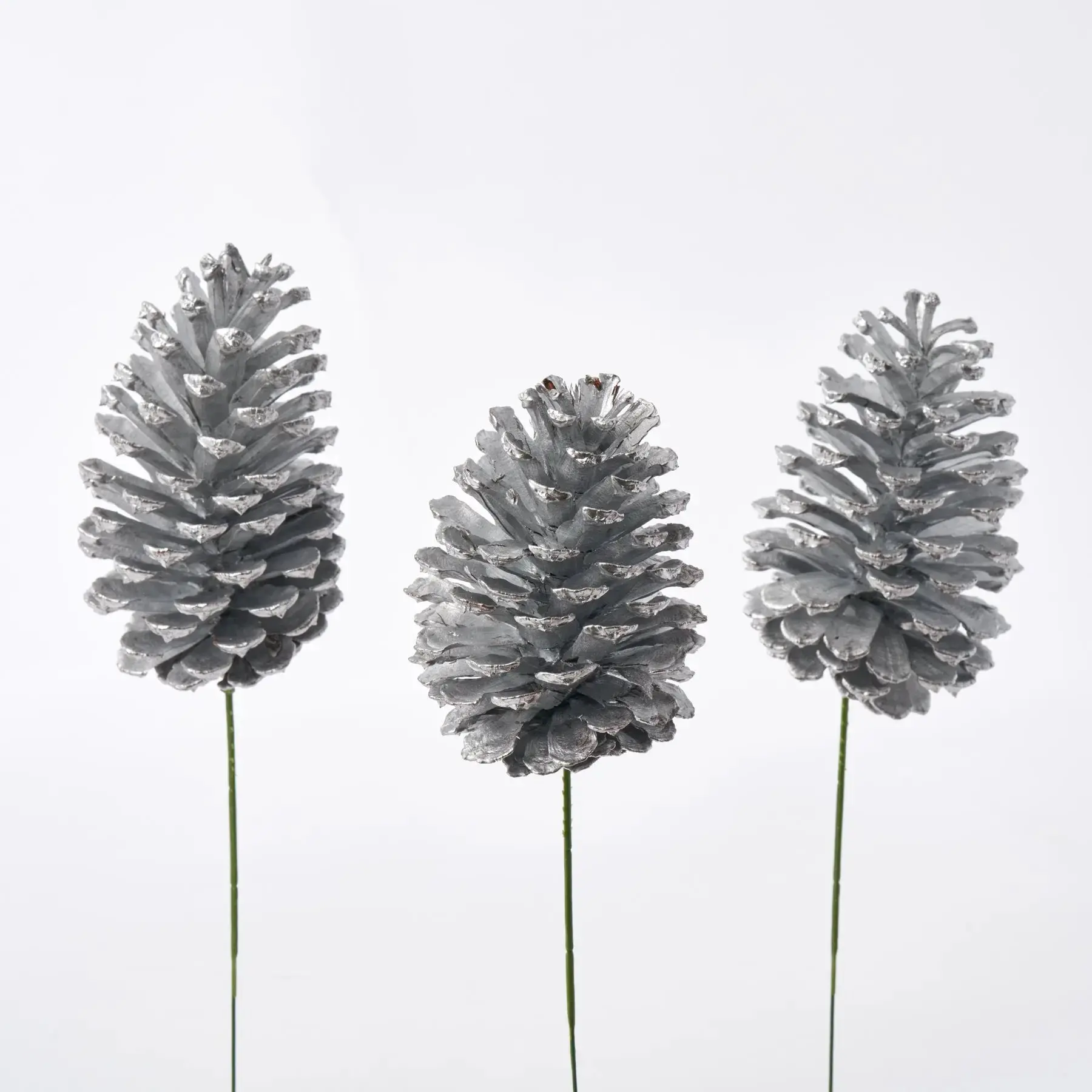 Set of 3, 4" Metallic Silver Gilded Pinecone Picks - Gilded Finish Botanical Look Home Decor Floral Accents for Holiday Decor
