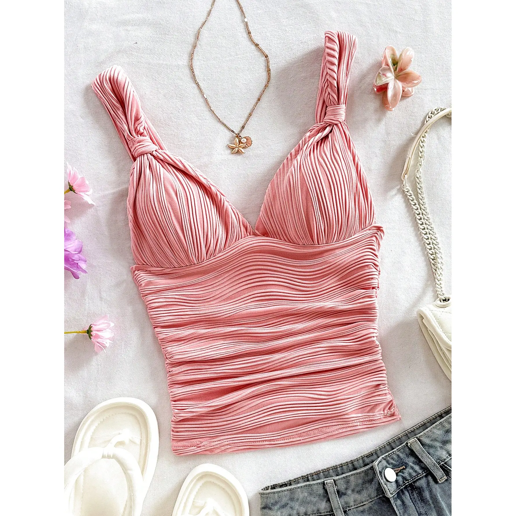 Casual Romantic Vacation Plain Color Twist Pleat Red Camisole Christmas Valentine's Day New Year