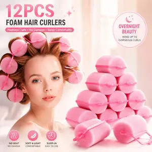 12PCS Heatless Foam Hair Curlers Set, Soft Sponge Hair Rollers for Overnight Curls & Volume, No Damage Sleep-In Curling Rollers for Natural Waves, Bouncy Curls & DIY Hair Styling for Women and Girls