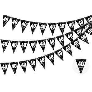 1Set 3 Pack 40th Birthday Triangle Flag Bunting Banner 36 Pieces Black and Silver Happy 40th Birthday Decorations