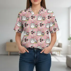 Studio Ghibli My Neighbor Totoro & Mei Hawaiian Shirt - Adorable Pink Pattern with Soot Sprites Aloha Shirt - Stylish Short Sleeve Button Up for Anime Fans, Summer & Casual Resort Wear
