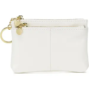 Women PU Leather Zip Mini  Purse With Key Ring Triple Zipper Card Holder Wallet (White)
