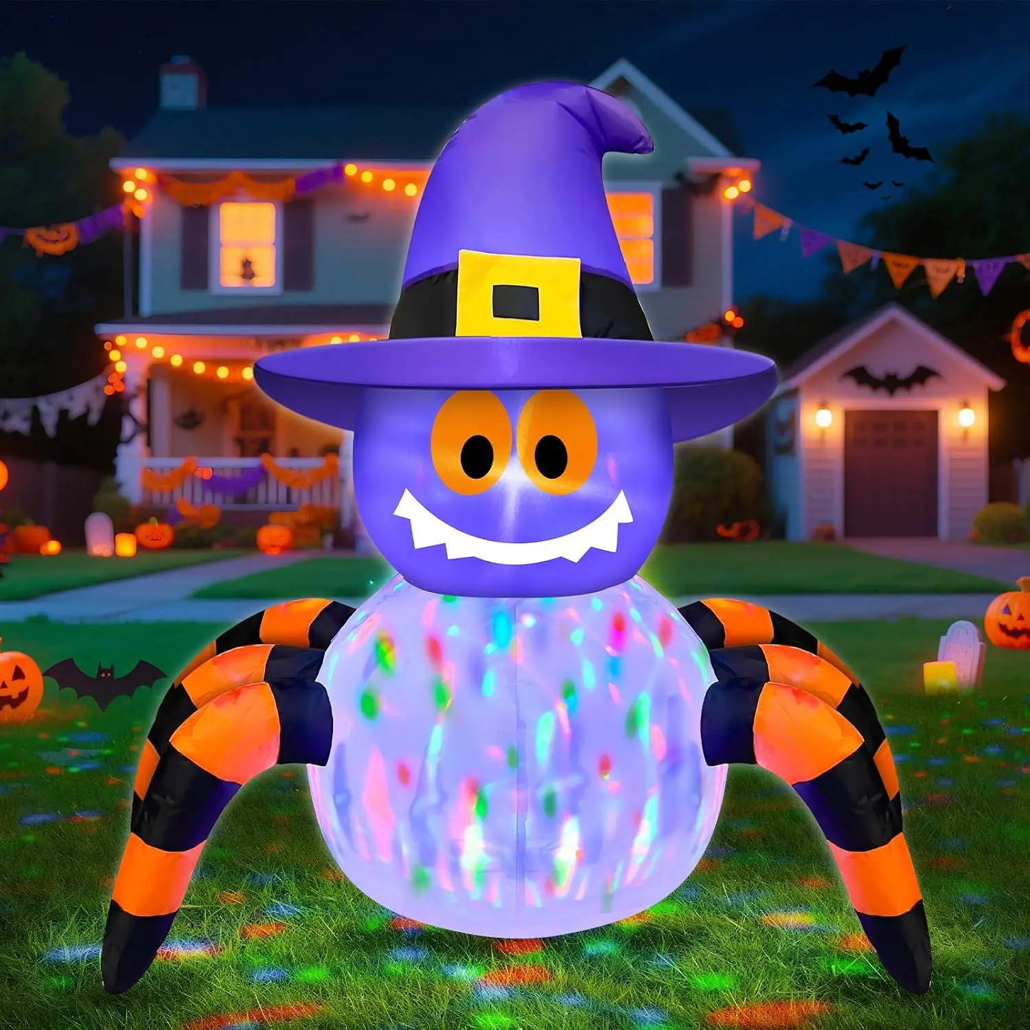 3.6 Ft Halloween Inflatables Spiders Wear Witch Hat With Rotating Colorful Lights, Blow Up Halloween Decorations for Indoor Outdoor Yard Lawn Garden Holiday Party