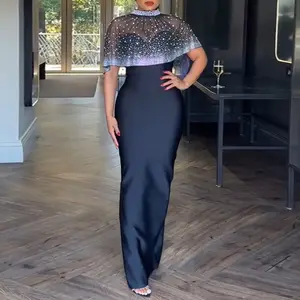 ChicMe 2 Pieces Outfit Zipper Back Slit Slim Fit Strapless Valentine's Day Maxi Dress and Rhinestone & Pearls Decor High Neck Zipper Back Sheer Mesh Poncho Cape for Wedding & Wedding Guest