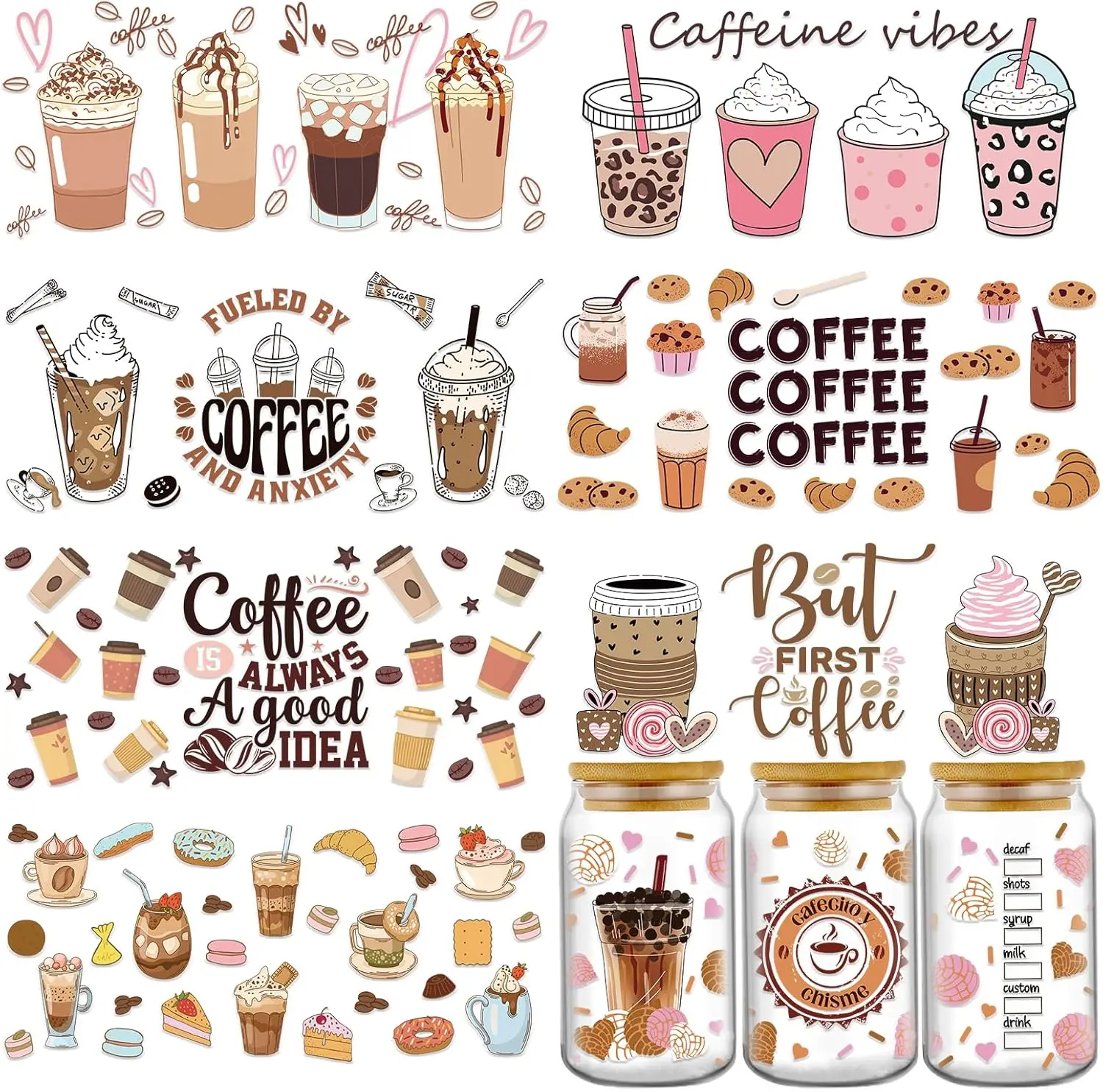 UV DTF Cup Wrap - 8 Sheets Coffee UV DTF Cup Wraps for 16 oz, Cake Drink Milk  Uvdtf ,  Ice Cream Rub on Transfer Stickers for Glass, DIY  Crafts