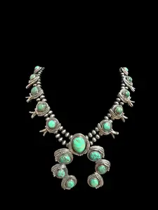 Natural Green Turquoise Squash Blossom Necklace Handmade Sterling Silver 92.5 Pu