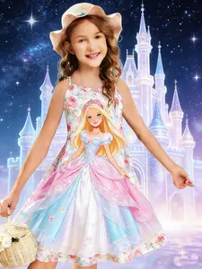 Girls' Sweet Floral Barbie Princess Dress, Anime Pattern Printed, Casual New Trend Clothing, Birthday Gift, Ages 4-12, All Seasons