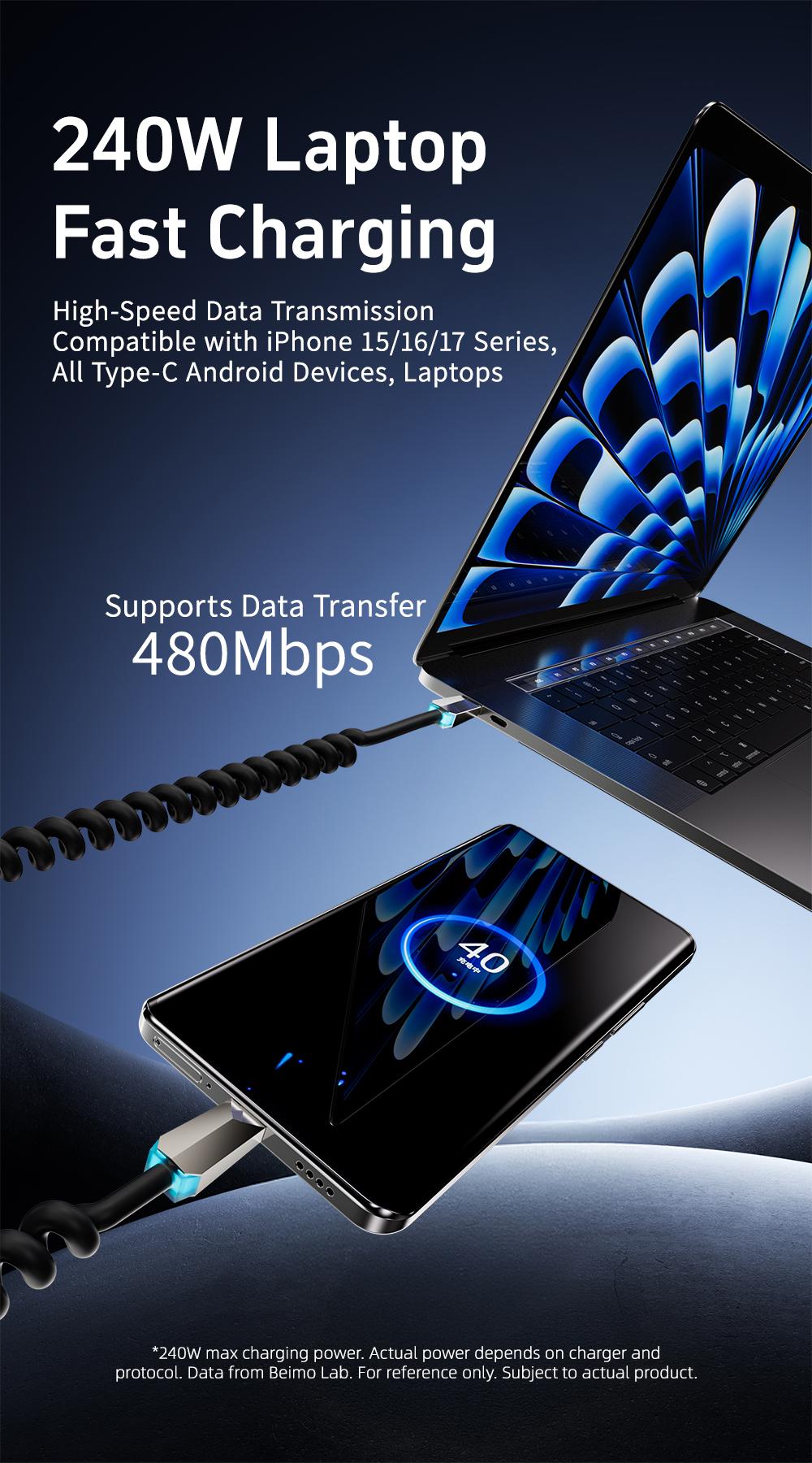 OOI 240W Coiled USB C to USB C Cable, 6.6FT Telescopic Cyber Head Right Angle C to C Cable Fast Charging, High-Speed Data Transfer for car, Ultimate Storage Fits iPhone 17 16 15 Series/ Samsung Galaxy Series/Pixel Series/Laptops/Pad