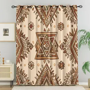 2Pcs Retro Boho Blackout Curtains, Warm Terracotta Brown Geometric & Abstract Swirl Pattern Window Drapes for Bedroom & Living Room