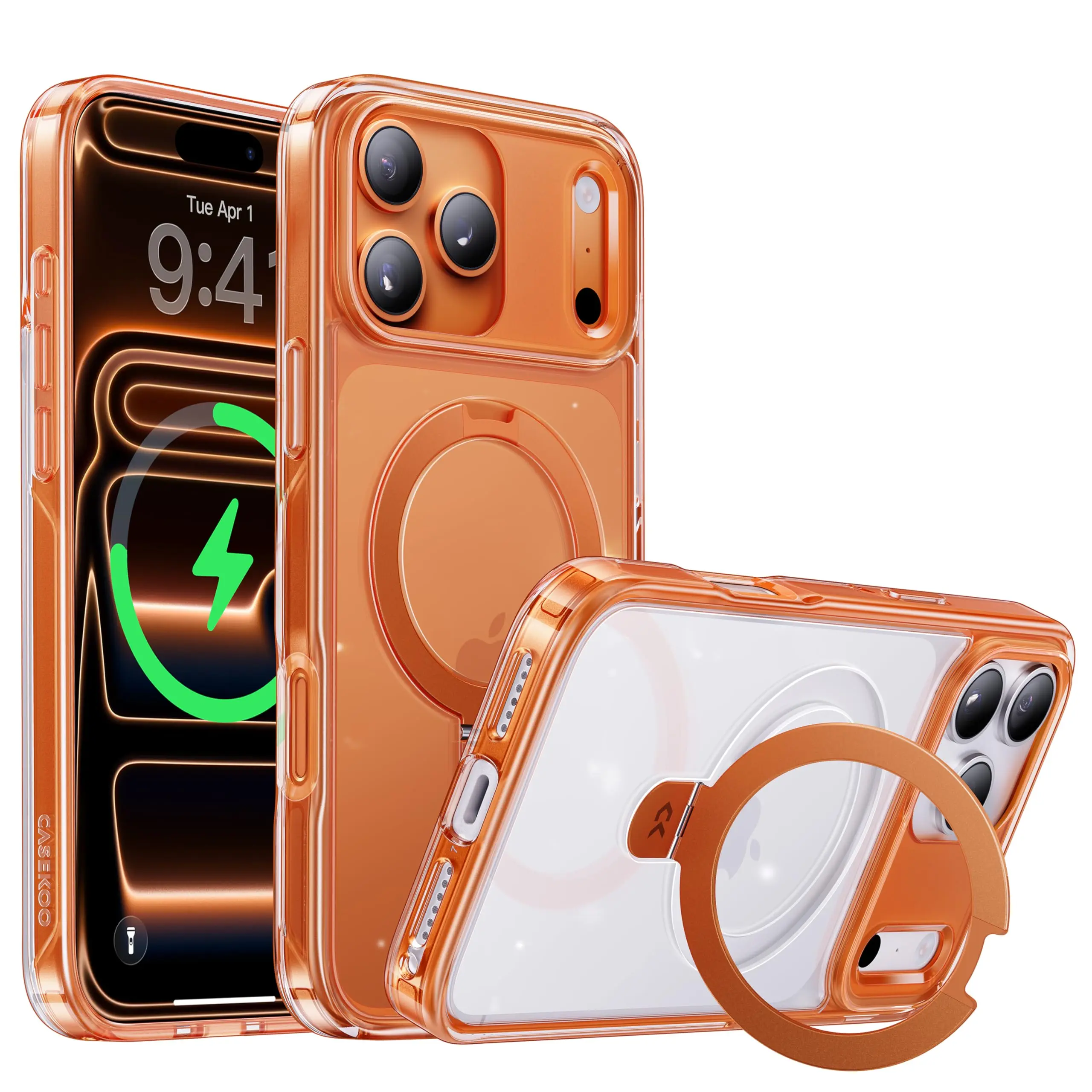 CASEKOO Official Cosmic Orange iPhone 17 Pro Max Case with Ultra Magnetic Stand, Fit for MagSafe, 16FT Military Grade Protection, Kickstand for Viewing & Work for 17 Pro Max, Clear Back, Orange Shockproof Cellphone case compatible with Screen Protector