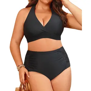 Yonique Womens Two Piece Plus Size Halter Bikini Swimsuits Tummy Control Bathing Suits High Waisted Swimwear V Neck Bikini Top & Full Coverage Bottom