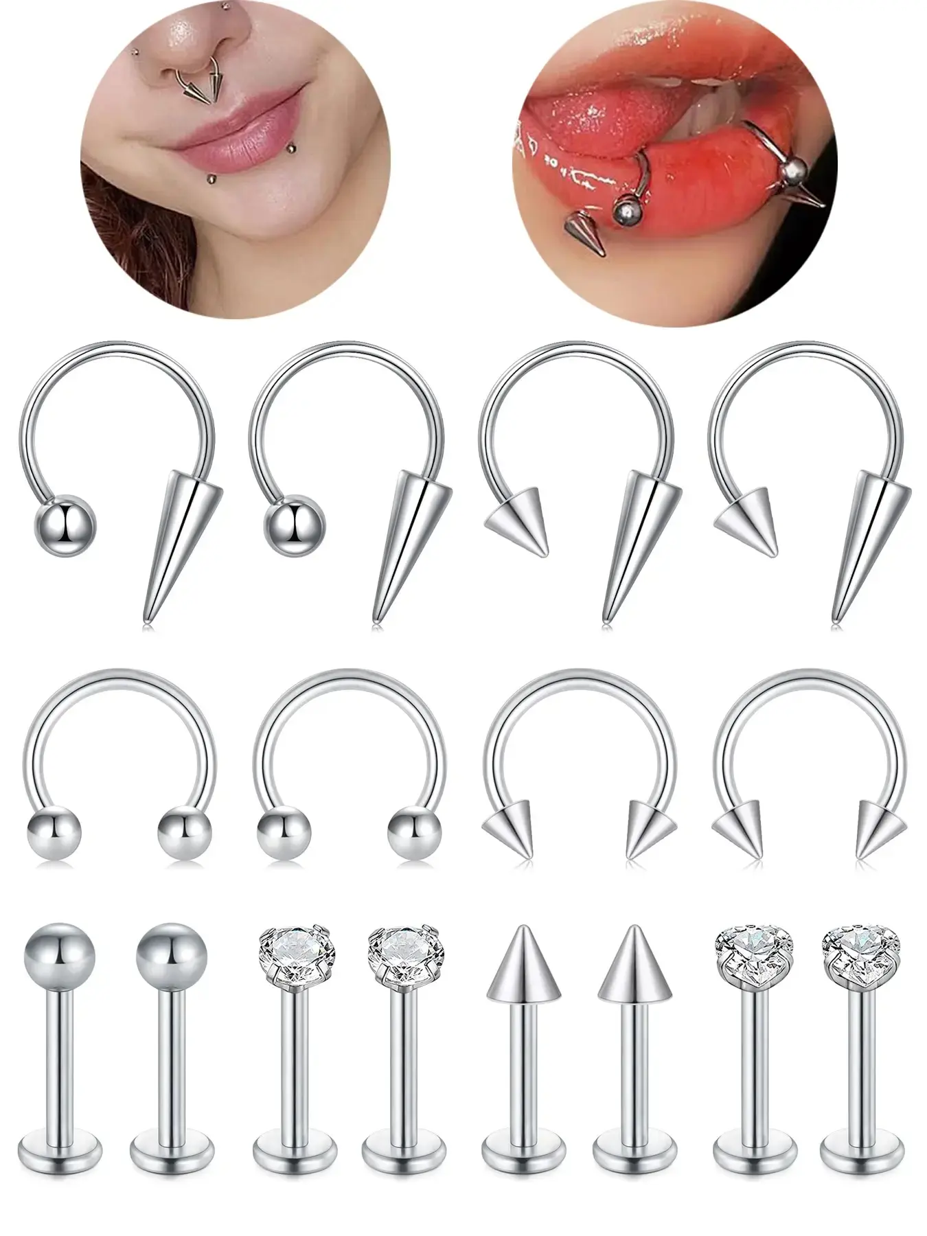 16gauge Horseshoe Lip Rings Lip Studs Side Labret Jewelry Body Jewelry Spike Snake Bite Piercing Jewelry Tragus Helix Earrings Medusa Piercing for Women Men 8mm Helix Cartilage Piercing Helix Pierced Ring