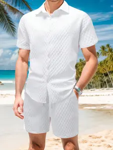 Men's White Quilted Texture Home Loungewear 2-Piece Set - Short-Sleeve Lapel Shirt (Textured Weave) + Elastic Drawstring Waist Shorts, Soft Breathable Fabric, Relaxed Minimalist Fit, Ideal for Lazy Weekend Lounging, At-Home Light Work, Evening TV Marathon