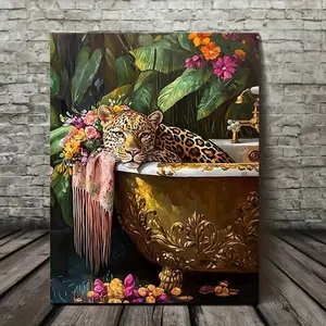 1 vintage leopard print art piece, with a bathtub theme, high-definition canvas decorative painting 11.8* 15.7inch (30* 40cm ) with wooden frame -- modern home decor, can be directly hung in the living room or bedroom