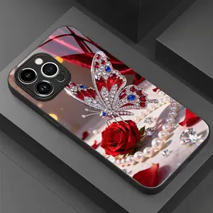 Gemstone Butterflies & Red Rose Themed Protective TPU Mobile Phone Casing, All-Around Protection Accessory, Unique Creative Cover for iPhone 17/16 Pro Max/15/14 Plus/13/12/11 Devices