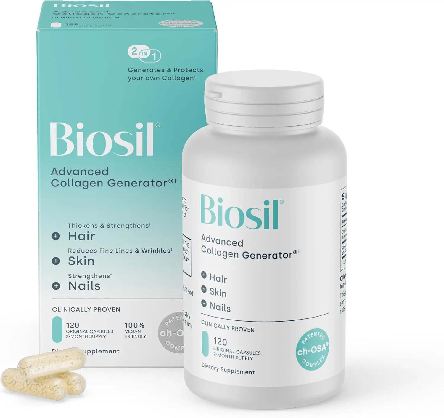 Biosil Advanced Collagen Booster Supplement - 120 Original Capsules with Patented ch-OSA Activator for Skin Hair Nails & Joints - 60-Day Supply