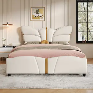Full Size Upholstered Bed Frame with Butterfly Shaped Headboard and Footboard, PU Leather Platform Bed Frame with Gold Metal decorations, No Box Spring Needed, Beige