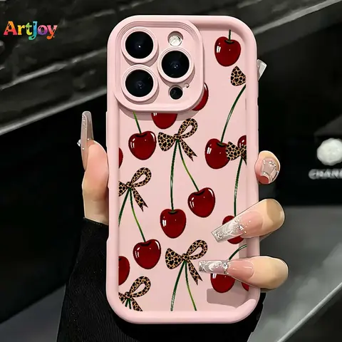 Cute Red Cherry Leopard Bow Soft TPU Cellphone Case - TPU Casing with Protection, Easy Access, Plug-and-Play Cute Phone Accessory, Birthday Gift for iPhone 17 Pro Max,16,16 Plus,15,14,13 & Galaxy S25,S24,S23,S22,S21 PLUS/FE/Ultra,Galaxy A33 Devices