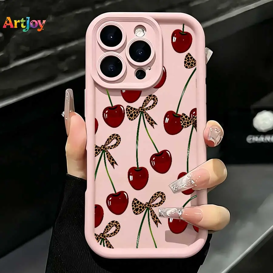 Cute Red Cherry Leopard Bow TPU Smartphone Case - Protective Cellphone Accessory with Bows for iPhone 17 Pro Max,16,15,14,13 & Galaxy S25,S24,S23,S22,S21 PLUS/FE/Ultra,Galaxy A33 - Ideal Birthday Gift