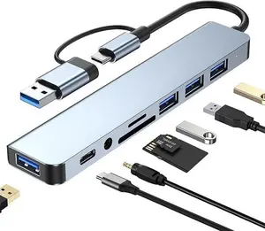 8-in-1 Dual USB-A/C Hub, Multi Port USB Extender with 4 USB Ports, SD/TF Card Reader, 3.5mm Audio & USB C Port, Digital Accessories for MacBook, iPad, iPhone 15, Laptops & Android Phones