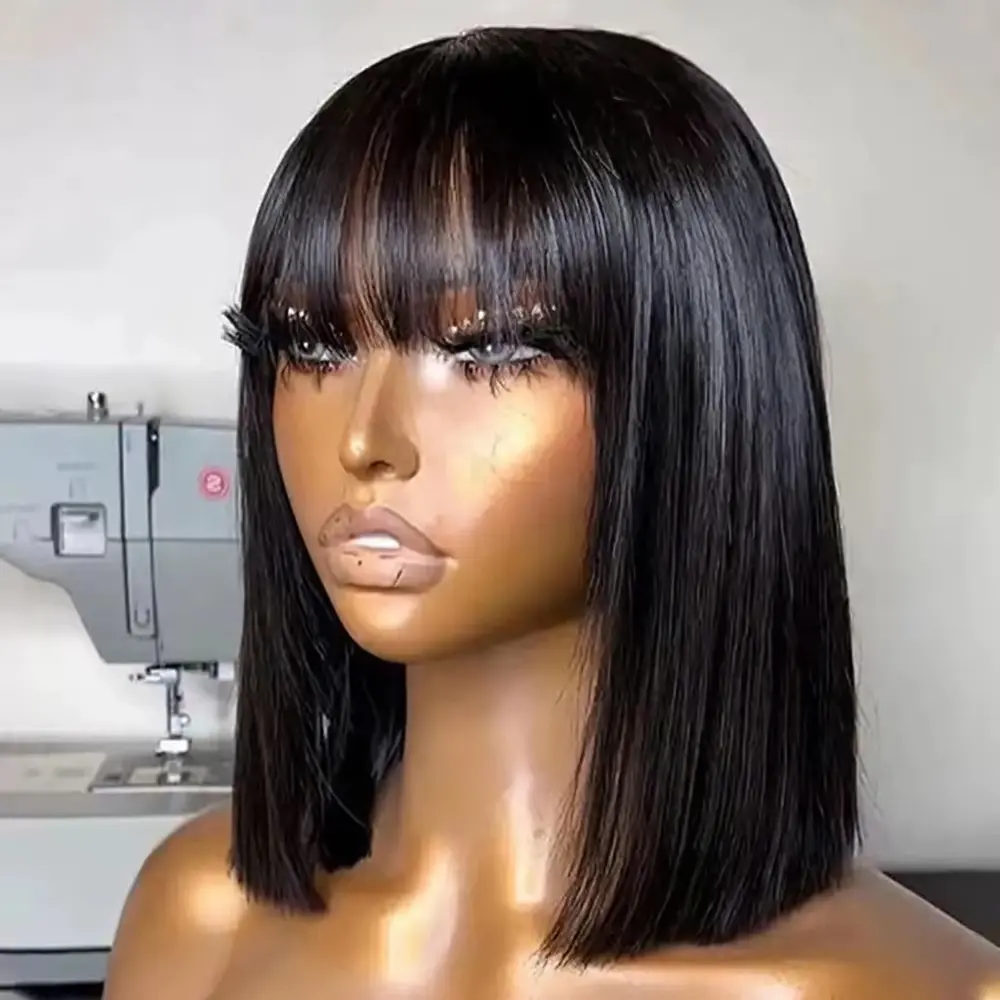 CORIIANA Short Bob Wig With Bangs Brazilian Fringe Straight Human Hair Cheap Full Machine Made Wigs For Black Women Beginner Friendly 200 Density