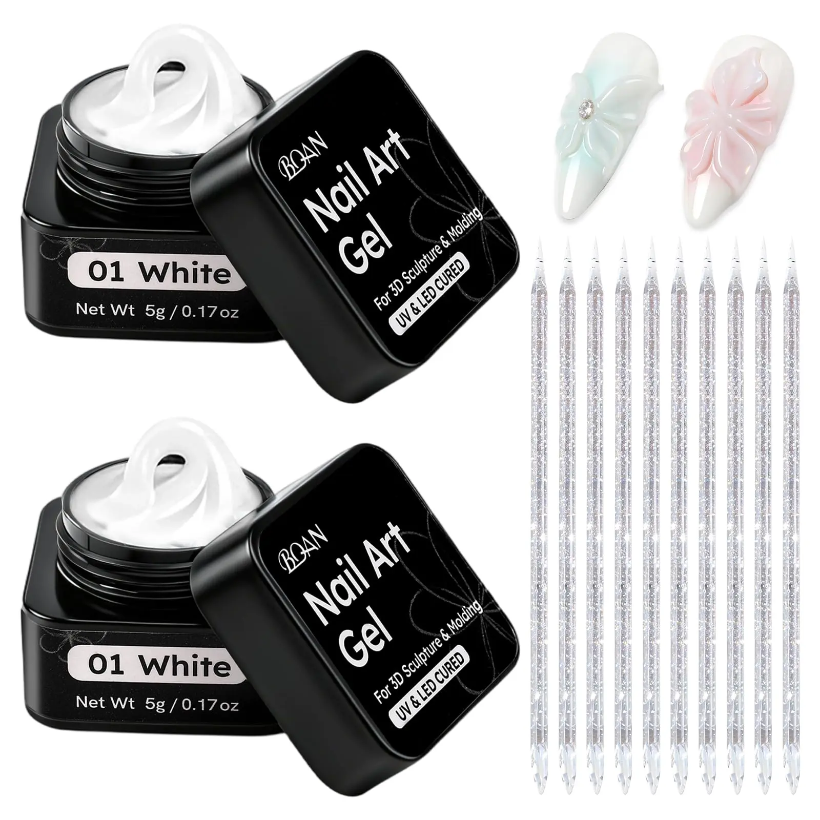 BQAN 2 Pcs White Solid Builder Gel Polish, Non-Sticky Sculpting Gel with Tools, UV/LED Cured for Professional Art Flowers & Relief Designs, Nail Supplies, 3D Sculpting Gel Kit