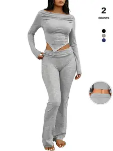 Women's Two-Piece Casual Set, Long-Sleeved Draped Neckline, Off-The-Shoulder Crop Top, Asymmetrical Hem, Flared Trousers, Everyday Wear