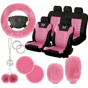 17pcs set of Pink car interior accessories Includes:5 seat car seat covers, Fluffy Steering Wheel Cover, Fleece Handbrake & Gear Shift Cover, Hanging Accessories Bracket & Badge Stickers car interior accessories, car accessories for women, car essentials