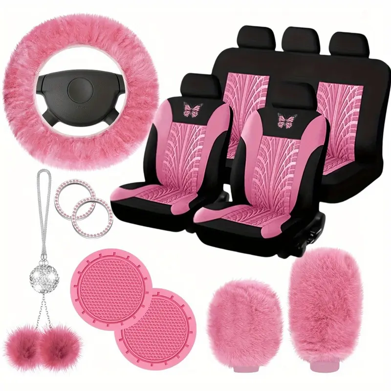 17pcs set of Pink car interior accessories Includes:5 seat car seat covers, Fluffy Steering Wheel Cover, Fleece Handbrake & Gear Shift Cover, Hanging Accessories Bracket & Badge Stickers car interior accessories, car accessories for women, car essentials