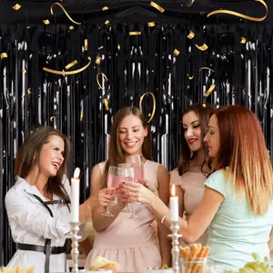 2 Pack Black Tinsel Foil Fringe Backdrop 3.2ft×8.2ft, Metallic Streamer Curtain for Photo Booth, Christmas Halloween Birthday Bachelorette Party Decorations