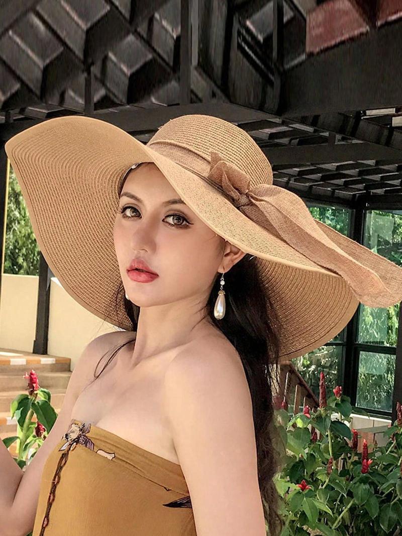 2025 New Extra Wide Brim Straw Hat, Women's Sun Protection Beach Hat, Summer Foldable Casual Elegant Polyester Bowknot Decor Hat, Suitable For Beach, Street, Spring/Summer