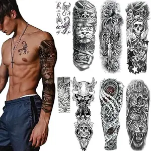 Extra Large Full Sleeve Tattoo Temporary for Men 6 Sheets and 2 Sheets Half Arm, Aniuvot Adult Fake Waterproof 3D Lion Angel Skull Scorpion Arm Leg Stickers Pack Body Decor Halloween Makeup