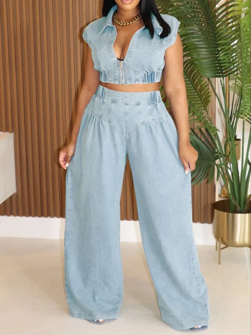 Women's Denim Crop Top & Wide Leg Trouser Two-piece Set, Casual Fashion Cozy Two Piece Outfits for Daily Outdoor Wear, Ladies Clothes for Summer, Womenswear