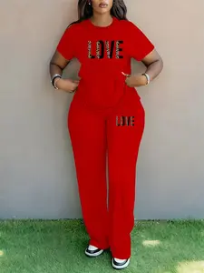 Women's Plus Size Leopard Print Letter Print Round Neck Short Sleeve T-Shirt, Casual Pocket Wide Leg Pants Two-Piece Set