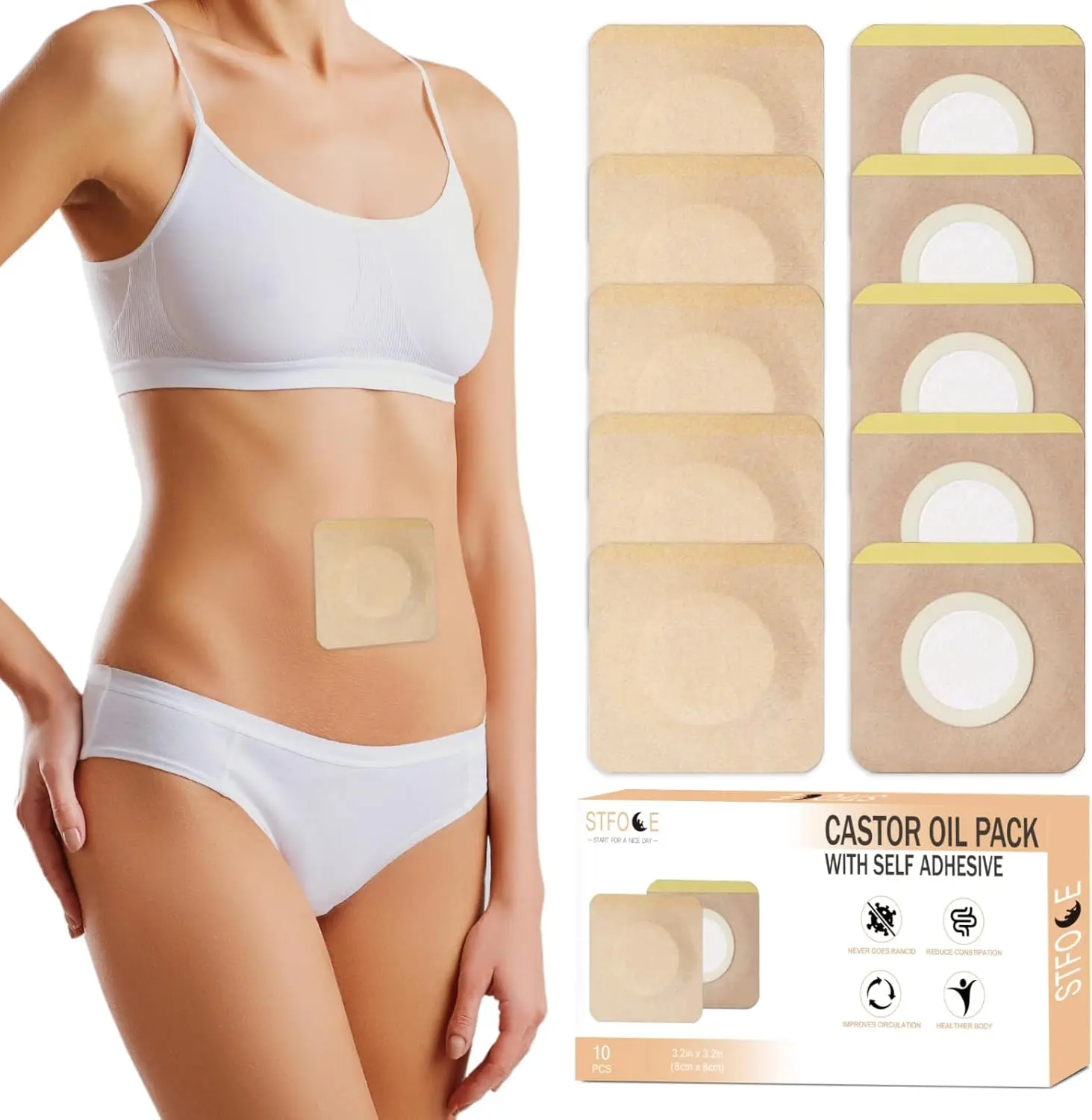 Disposable Castor Oil Pack Wrap for Belly Button, Castor Oil Pack Belly Wrap Self-Adhesive, Highly Absorbent, Anti Leakage, No Wash, Portable (Oil Not Included)