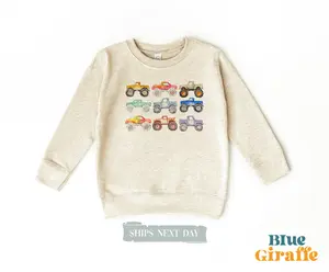 Retro Monster Truck Kids Sweatshirt - Colorful Big Trucks Toddler Sweater - Monster Trucks Graphic Tee - Boy Toddler Truck Crewneck