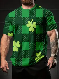 Men's Digital Print St Patrick's Day Bagpiper T-Shirt, Casual Fitted Short Sleeve Round Neck, Perfect Holiday Gift for Men