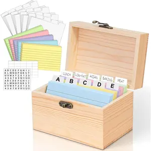 3x5 Index Card Holder Wooden Organizer Recipe Box with 100 Flash Cards 30 Plastic White Dividers Blank & Letter Stickers for Home Office