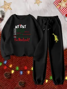 Women's Christmas Tree Print Sweatshirt & Drawstring Waist Sweatpants Set, Casual Drop Shoulder Long Sleeve Pullover & Pocket Jogger Pants, Lady Fall & Winter Clothes