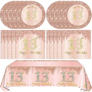 41PCS Rose Gold 13th Birthday Decorations for 13 Year Old Girl Including Happy Birthday Plates Napkins Tablecloth for Official Teenager Birthday Party