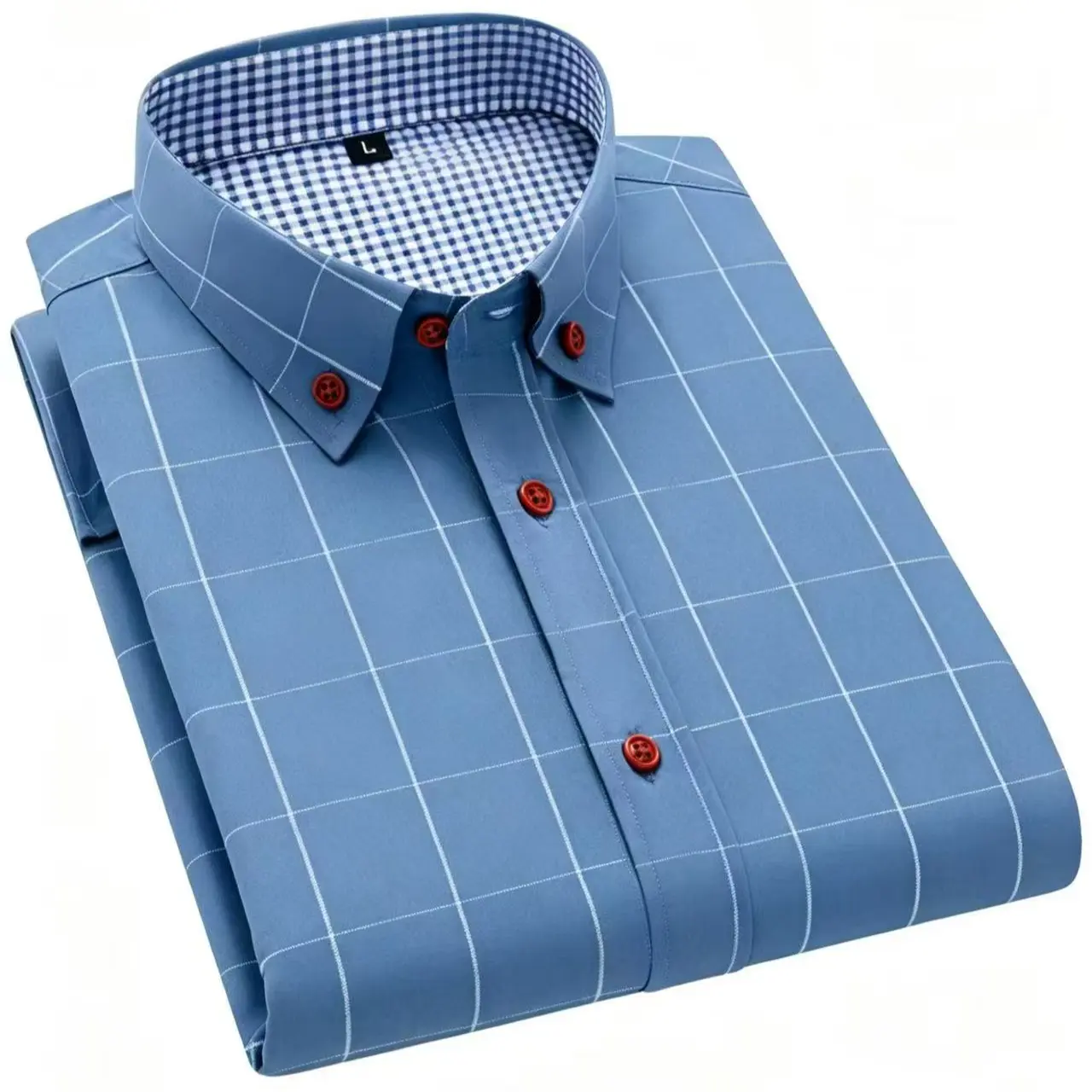 Men’s slim-fit short-sleeve plaid shirt dress, wrinkle-free shirt, light blue business casual formal workwear, suitable for everyday summer office wear.