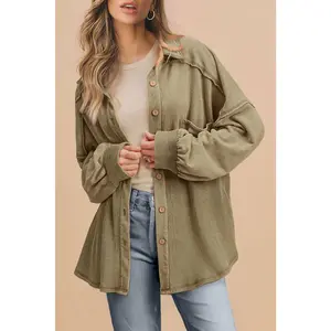 Moss Green Waffle Knit Patchwork Buttoned Oversized Shacket