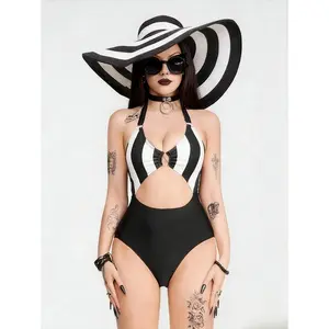 Women’s Goth Colorblock Striped One-Piece Swimsuit | Trendy Hollow Out Halter Neck Swimwear | Flattering High-Cut Design for Summer Beach Vacation Halloween Party